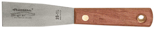 A Russell 3S-11/4 wood and metal paint scraper with a silver metal blade and a reddish-brown wooden handle, shown against a plain white background.