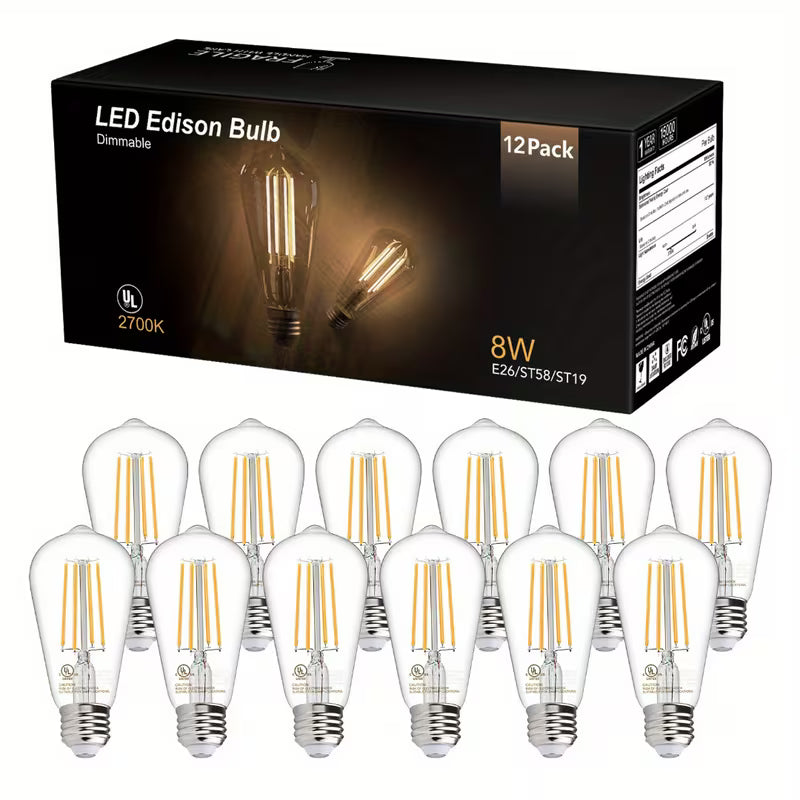 ST64 Vintage Edison LED Light Bulbs – 60W Equivalent, 2200K Warm Glow (E26 Base)