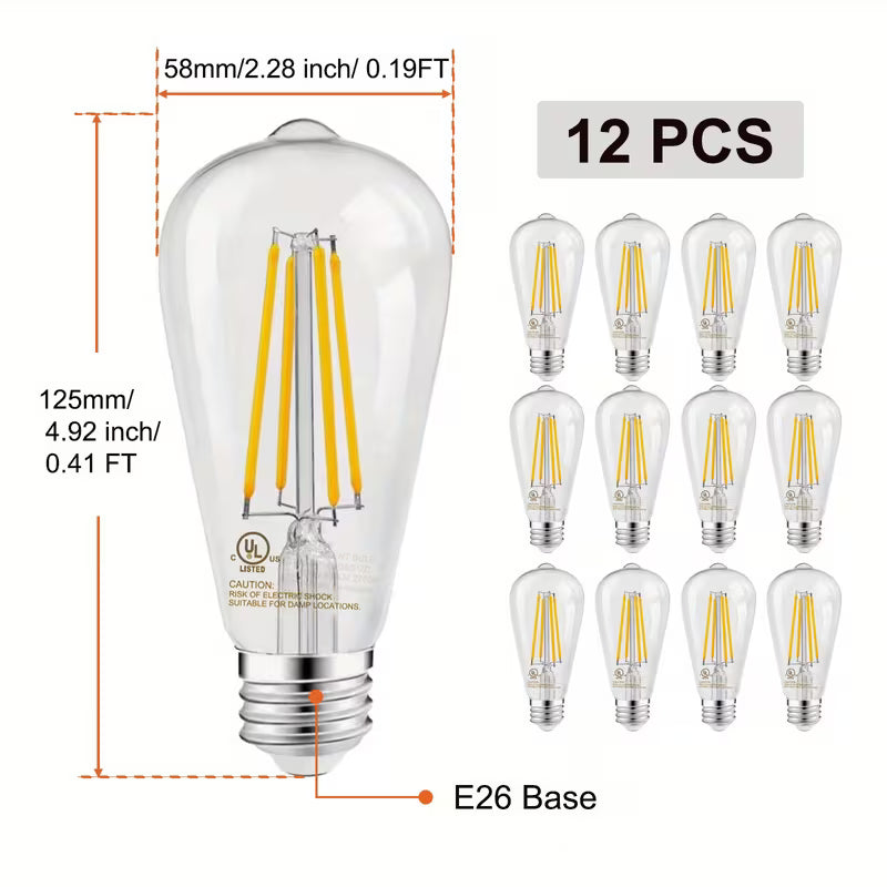 ST64 Vintage Edison LED Light Bulbs – 60W Equivalent, 2200K Warm Glow (E26 Base)