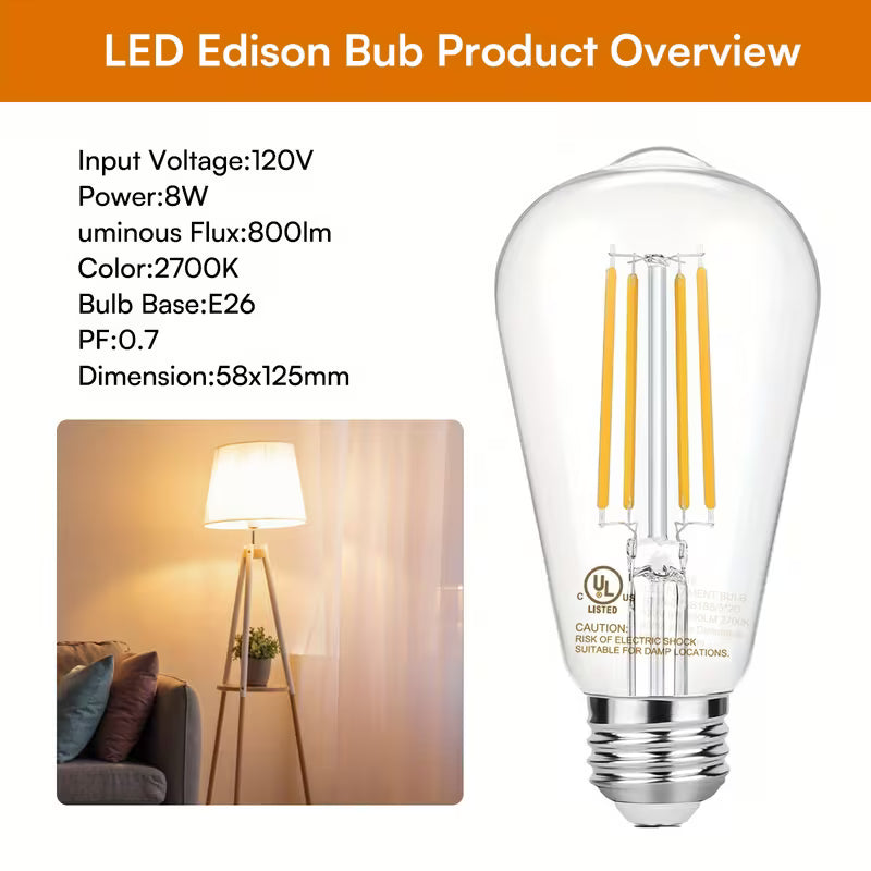 ST64 Vintage Edison LED Light Bulbs – 60W Equivalent, 2200K Warm Glow (E26 Base)