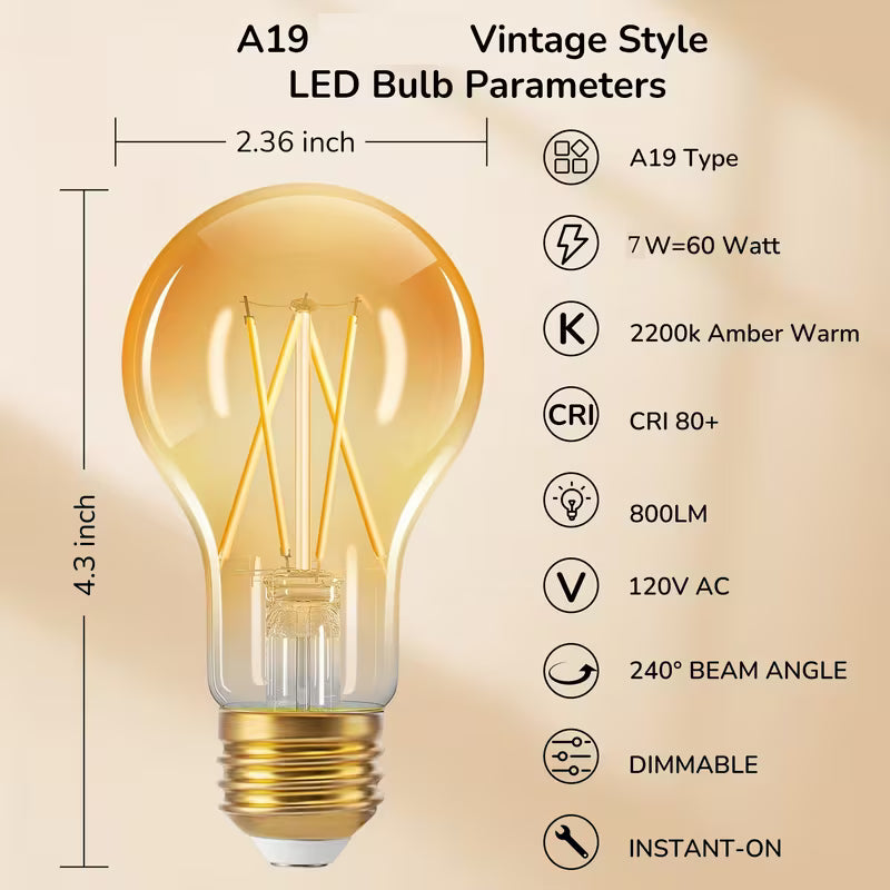 LED Edison Bulbs, A19 Style E26 Dimmable Light Bulb, 60W Equivalent Warm Amber Cool White Light