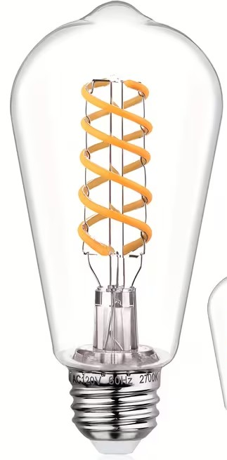 Clear LED light bulb with spiral design on a white background