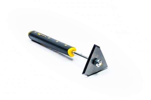 Scraper tool with a yellow handle on a white background