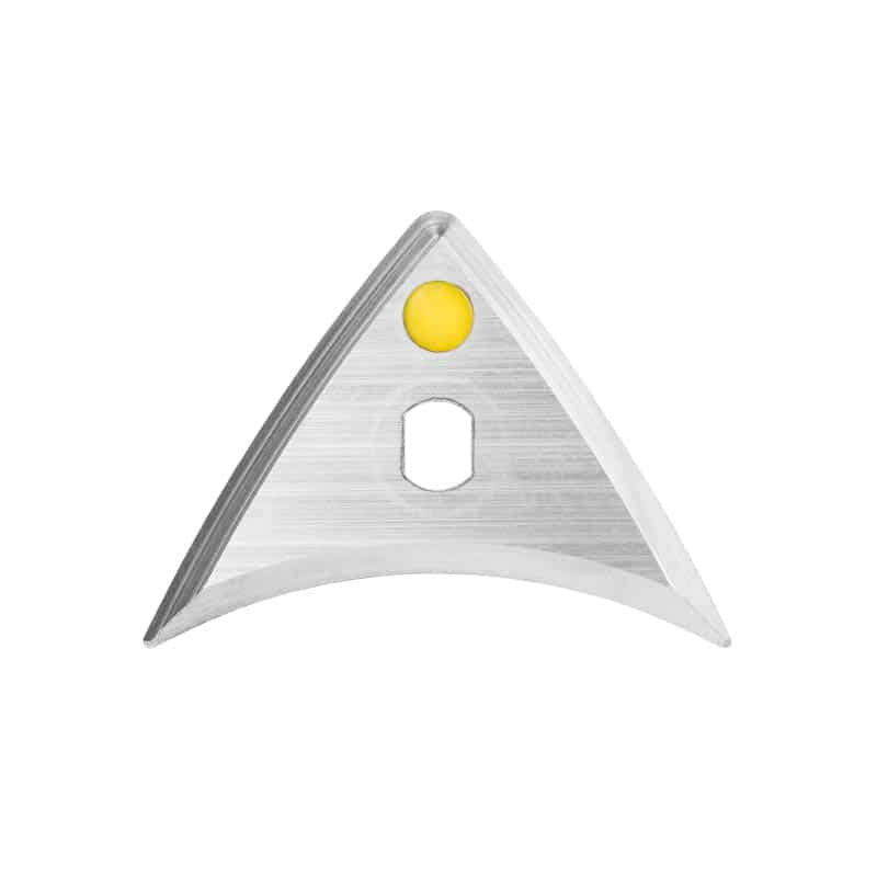 Triangular metal boomerang replacement blade with a yellow center on a white background