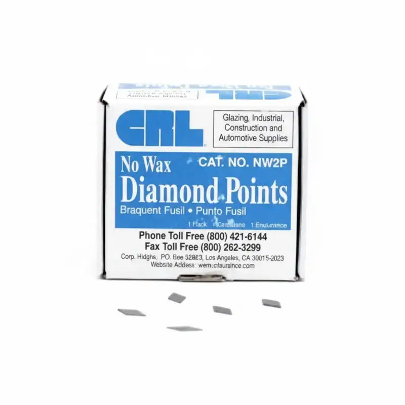 A white and blue box of CNH No Wax Diamond-Points brazent fusil, with a few small gray diamond-shaped points scattered in front on a white background.