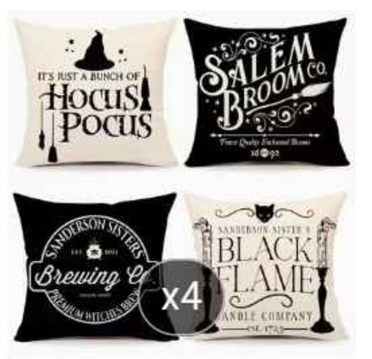 4pcs, Linen Blend linen Hocus Pocus, Salem Broom, Black Flame Pillow Case Covers