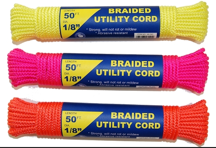 Three rolls of braided utility cord in neon yellow, pink, and orange, each with a blue and white label, shown on a dark e-commerce webpage.