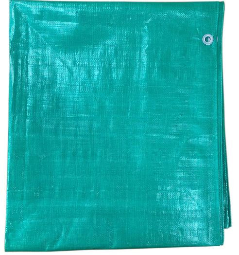 A green poly tarpsheet with a white printed logo, displayed on a website product page.