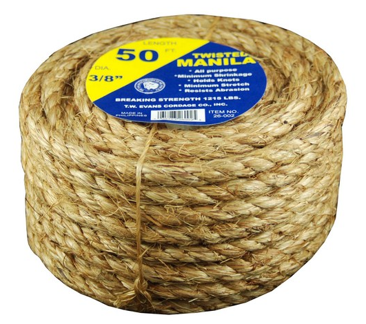 A coiled roll of Manila rope, 50 meters, displayed on a website screenshot. The rope is natural tan with a blue and yellow paper label wrapped around the center.