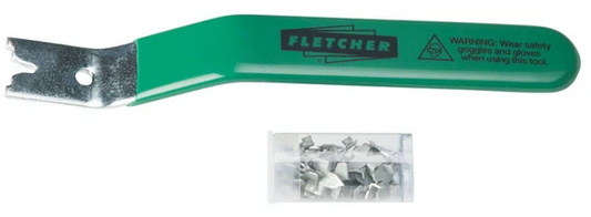 Fletcher Tery 10mm push-in glazing tool, featuring a green-handled tool and a small packet of mounting hardware against a dark gray gradient background.