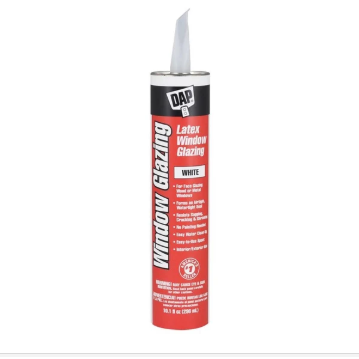 A product listing page showing a can of DAP Latex Glazing 12108 exterior latex glazing. The page includes a product thumbnail, a larger product image, a sidebar with thumbnail previews, and product details such as the brand DAP and the item number 12108.