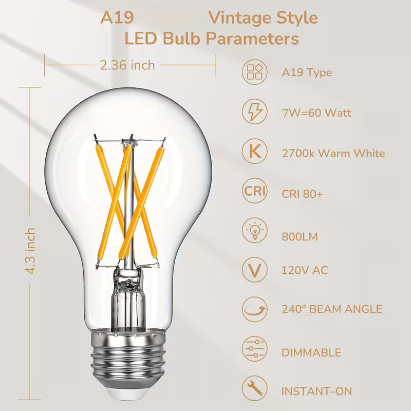 LED Edison Bulbs, A19 Style E26 Dimmable Light Bulb, 60W Equivalent Warm Amber Cool White Light