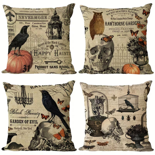 4-Pack Vintage Look Halloween Linen Throw Pillow Covers (18x18") – Skull, Pumpkin & Raven